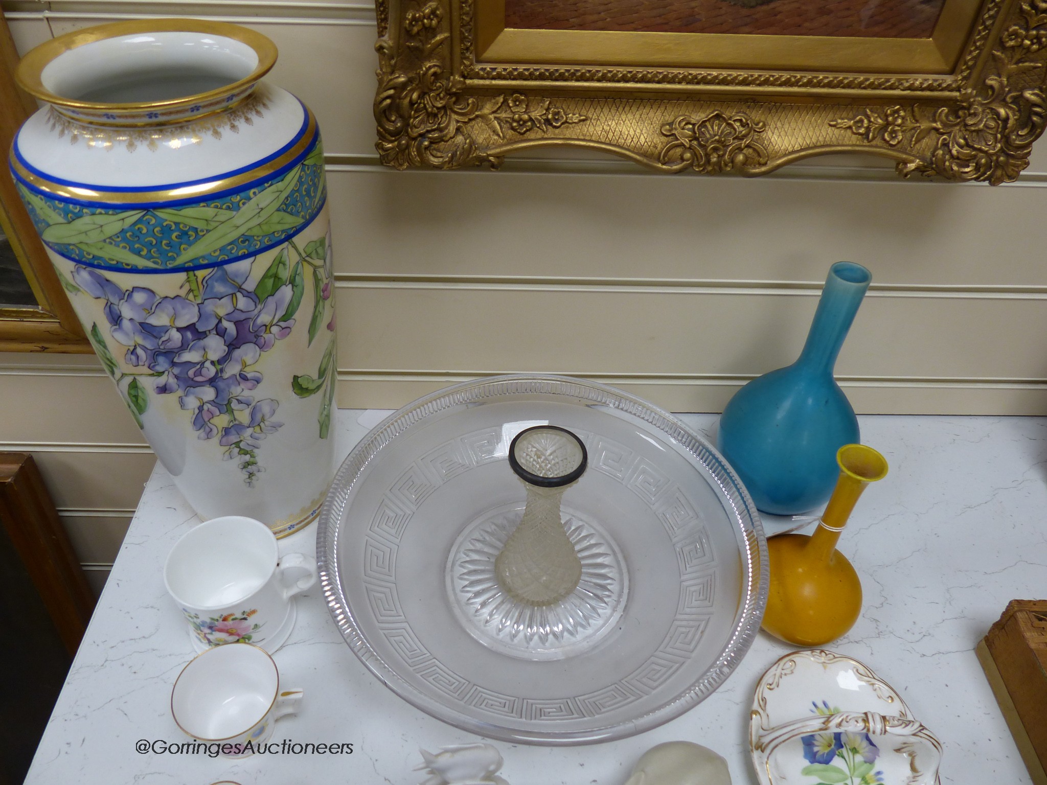 A collection of mixed European ceramics, including a Meissen white glaze model of fish, a glass dish and a vase